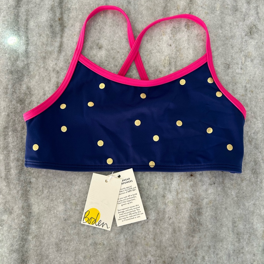 Boden Navy Bikini Top with Pink Straps and Gold Dots Size 9-10Y